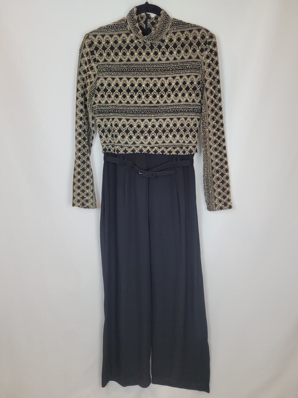 90s Mob Wife Vintage Citi Dress Mock Neck Gold Black Long Sleeve Jumpsuit 10P